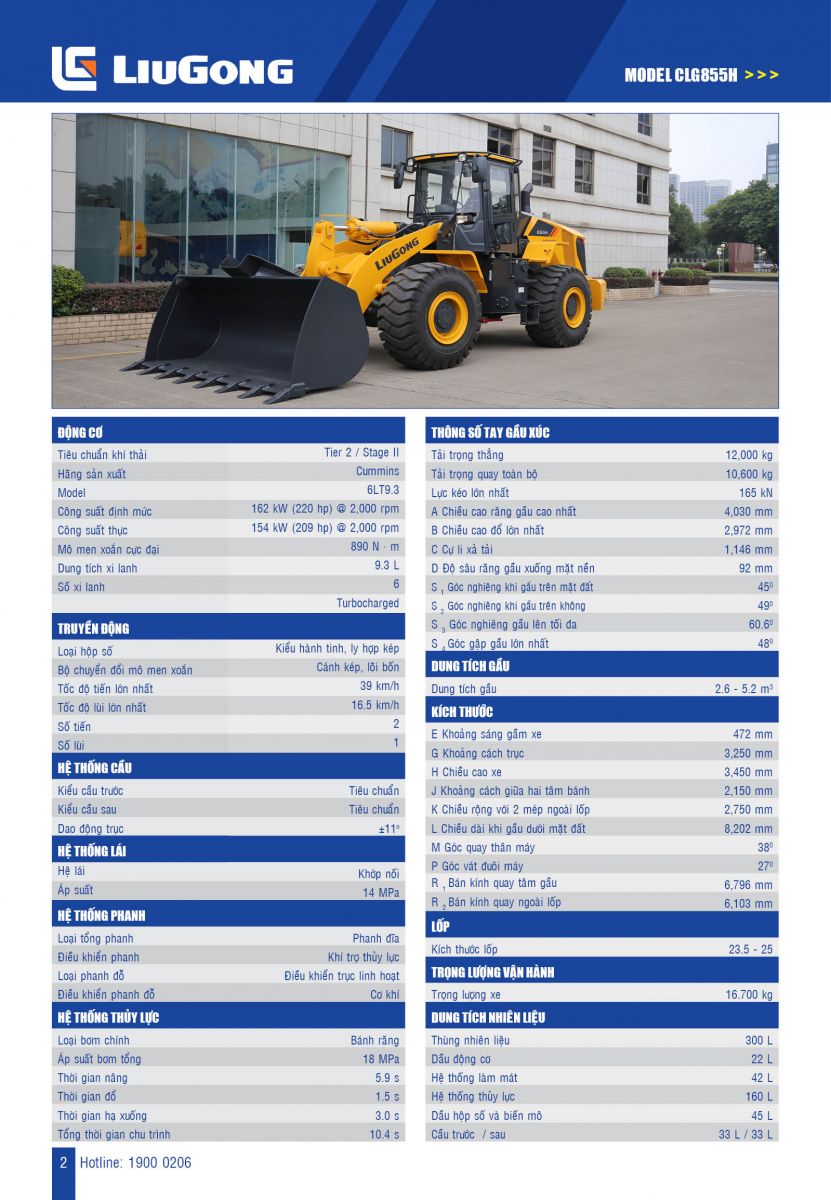 Thông số kỹ thuật máy xúc lật liugong 855H