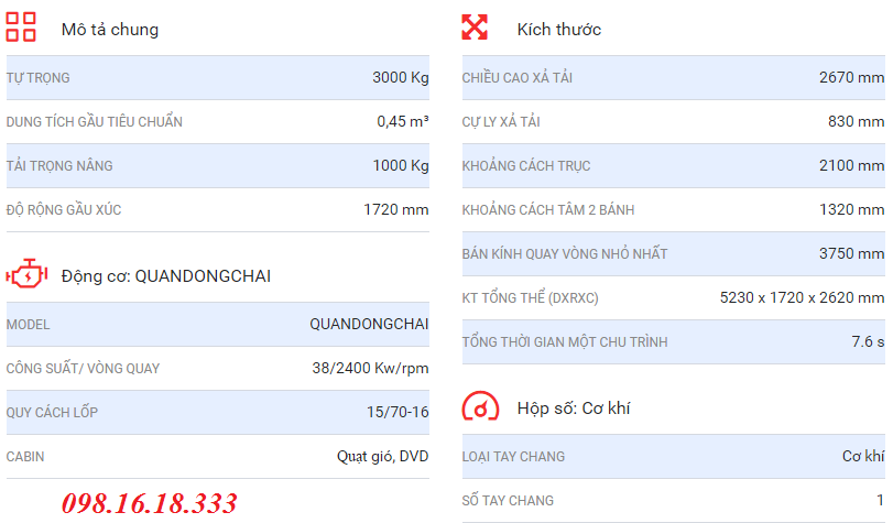 Thông số kỹ thuật máy xúc lật 912A