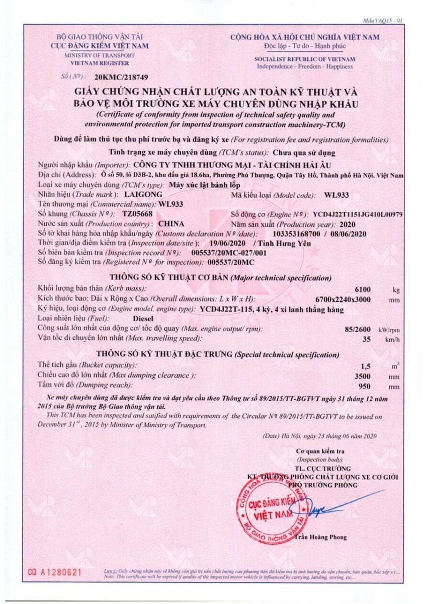 Thống số kỹ thuật máy xúc lật gầu 1,5 m3 Thống số kỹ thuật máy xúc lật gầu 1,5 m3