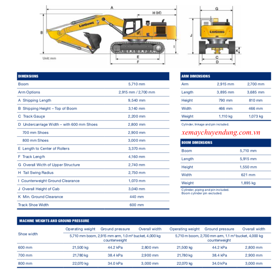 Máy xúc đào bánh xích Liugong CLG920E Gầu 0.9 m3 đến 1.2 m3 Thông số kỹ thuật máy xúc đào Liugong CLG920E