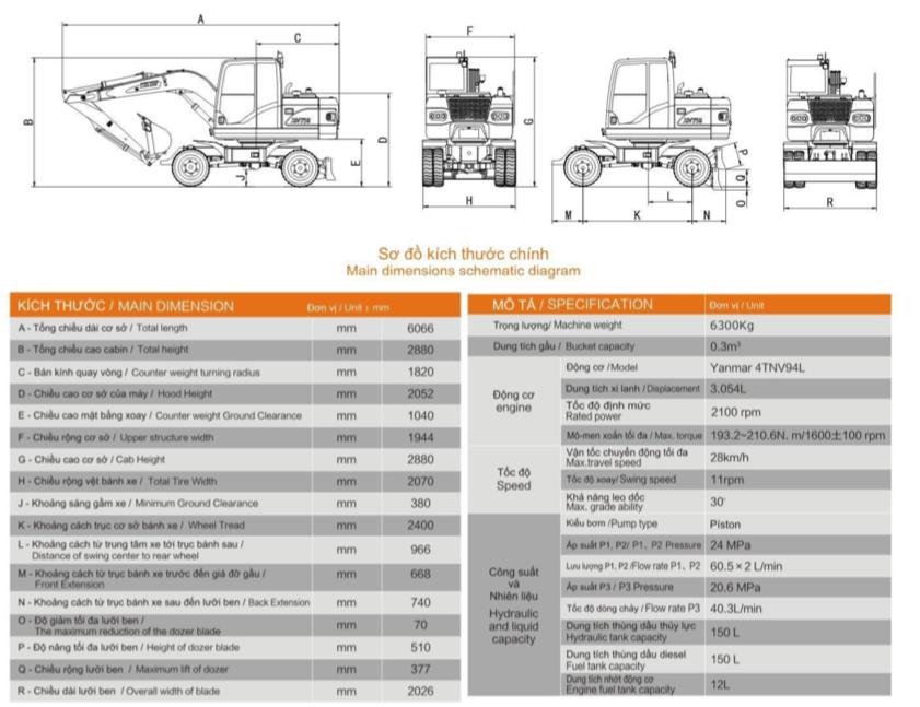 thông số kỹ thuật máy xúc đào gầu 0.3 m3 XN 75B