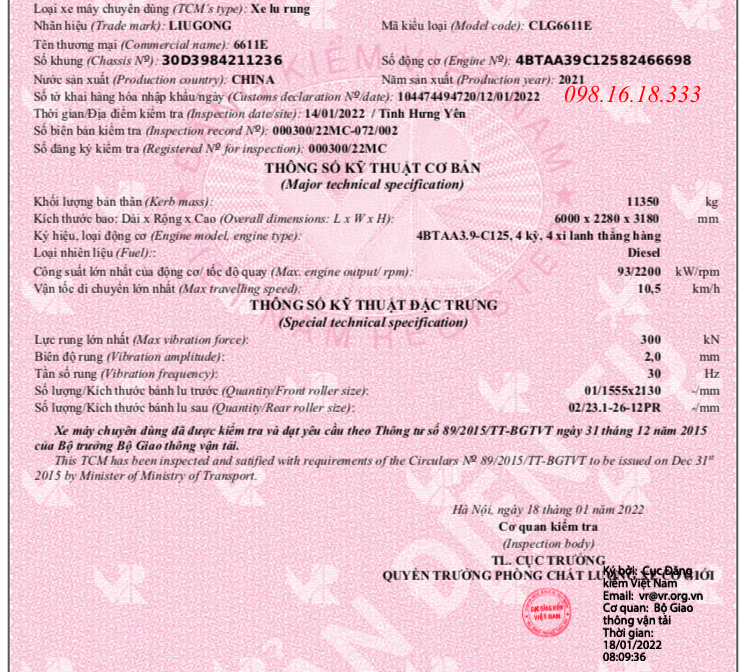 Thông số kỹ thuật của xe lu liugong 2 cầu 6611E Thông số kỹ thuật của xe lu liugong 2 cầu 6611E