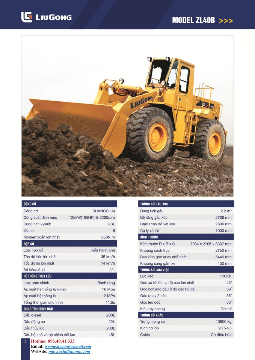 Thông số kỹ thuật máy xúc lật ZL40B
