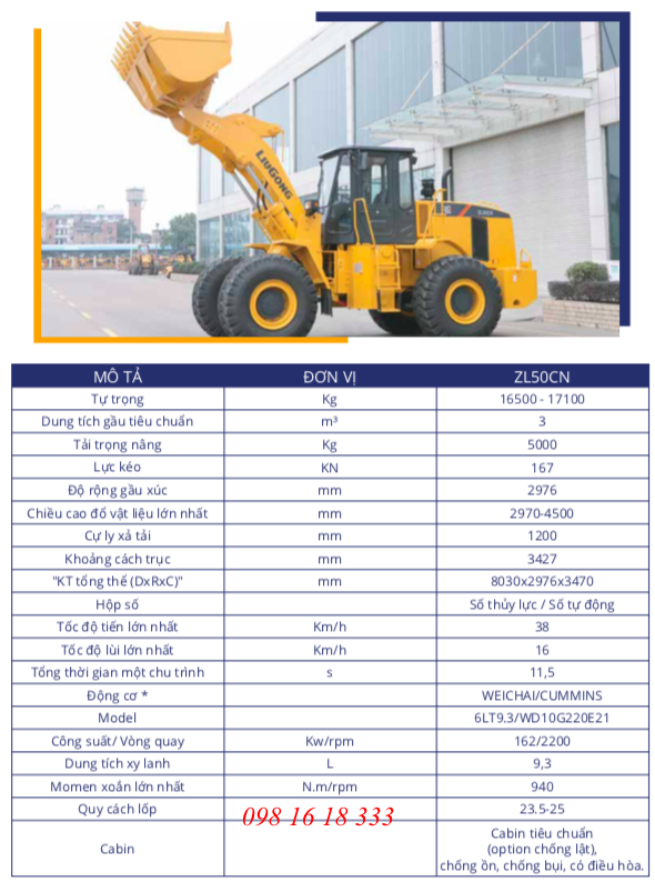 Thông số kỹ thuật máy xúc lật Liugong ZL50CN